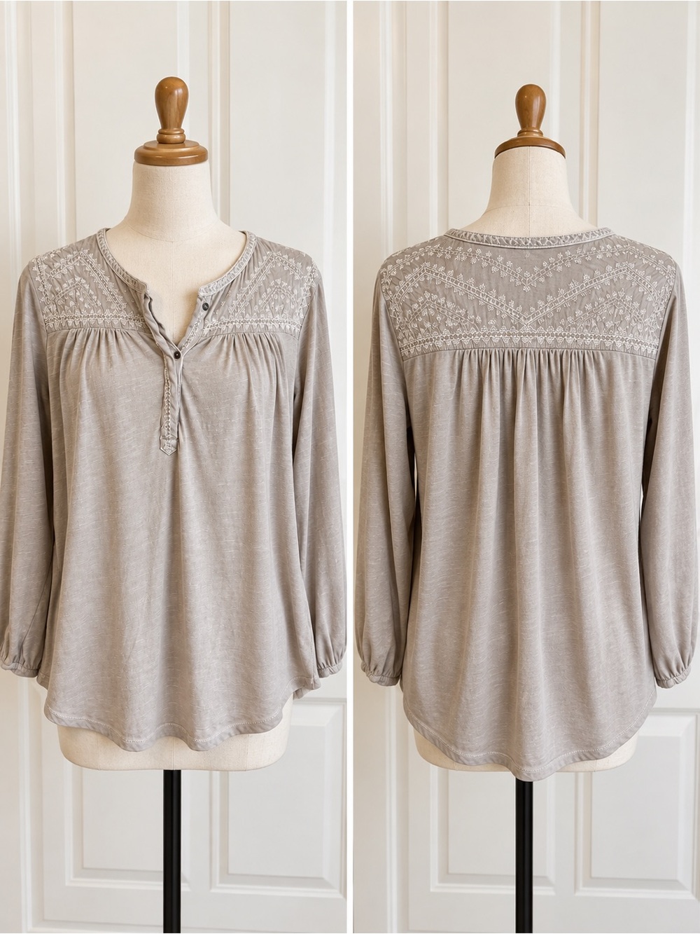 Lucky Brand Embroidered Yoke Long Sleeve Top - Taupe